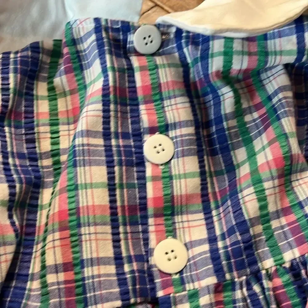 Monday’s Child Blue/Green/Pink Plaid Collared Belted Dress, size 5